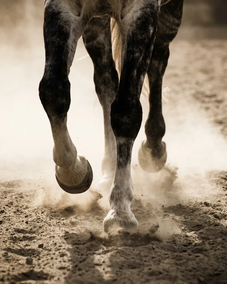 The legs of a dappled grey horse in motion, hooves raising dust from the sand