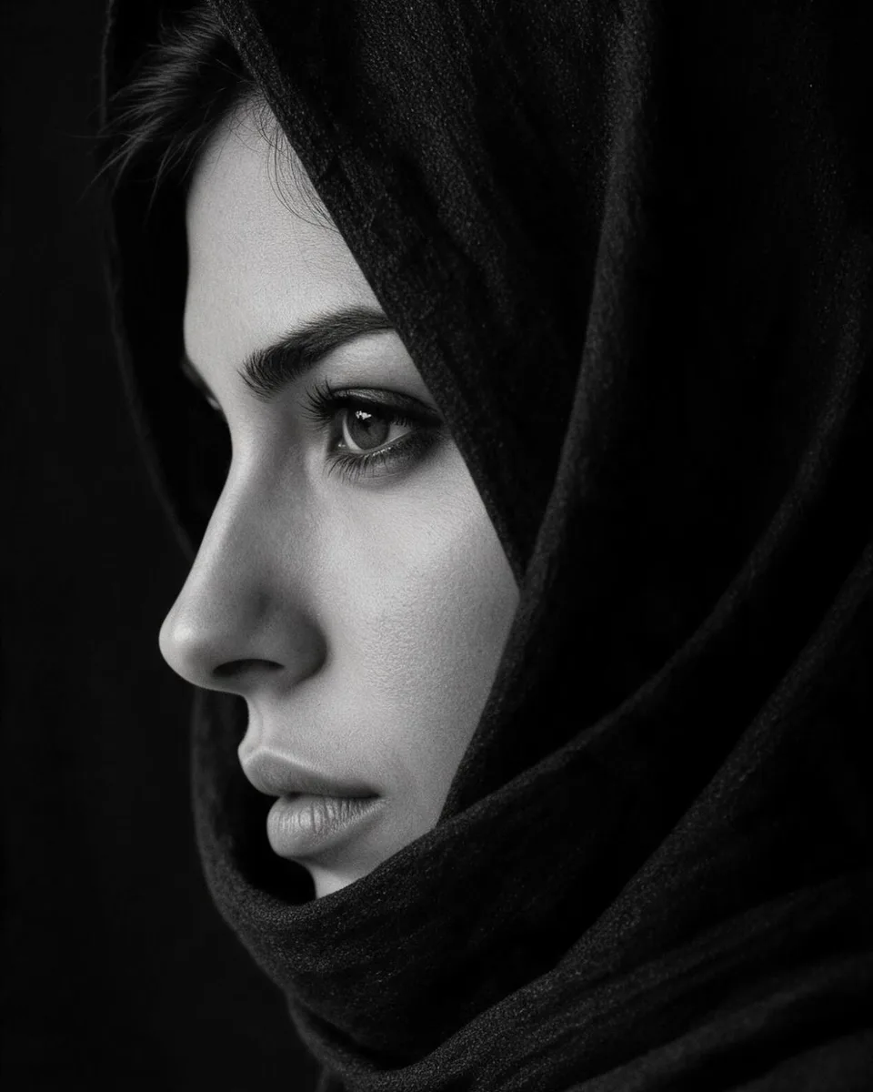 A woman in a dark veil in profile, photographed in black and white