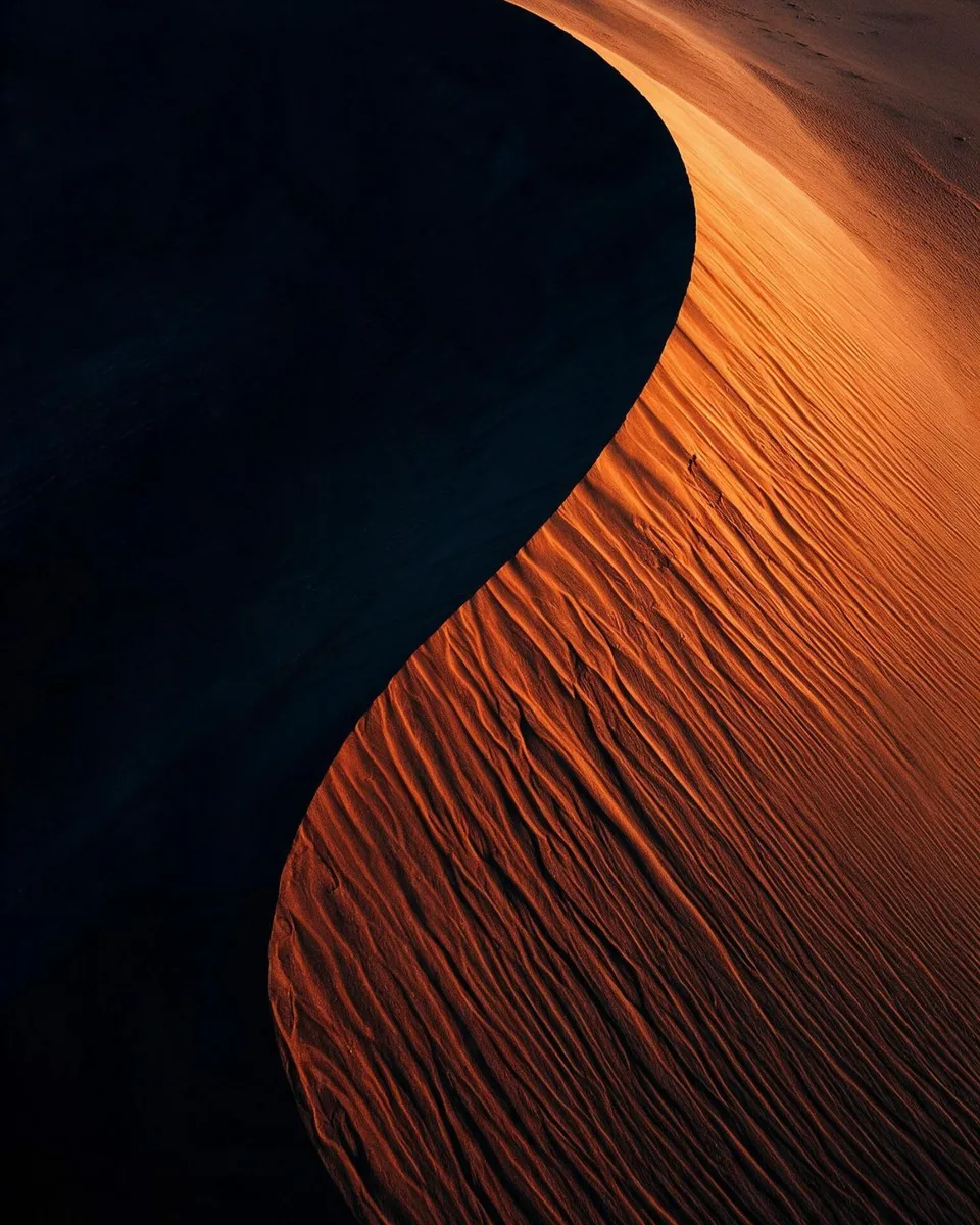 The sharp, curving crest of a dune, one side lit orange with wind ripples, the other in deep shadow
