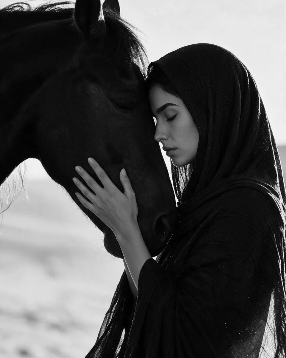 A woman in a black veil resting her forehead against a dark horse, in black and white