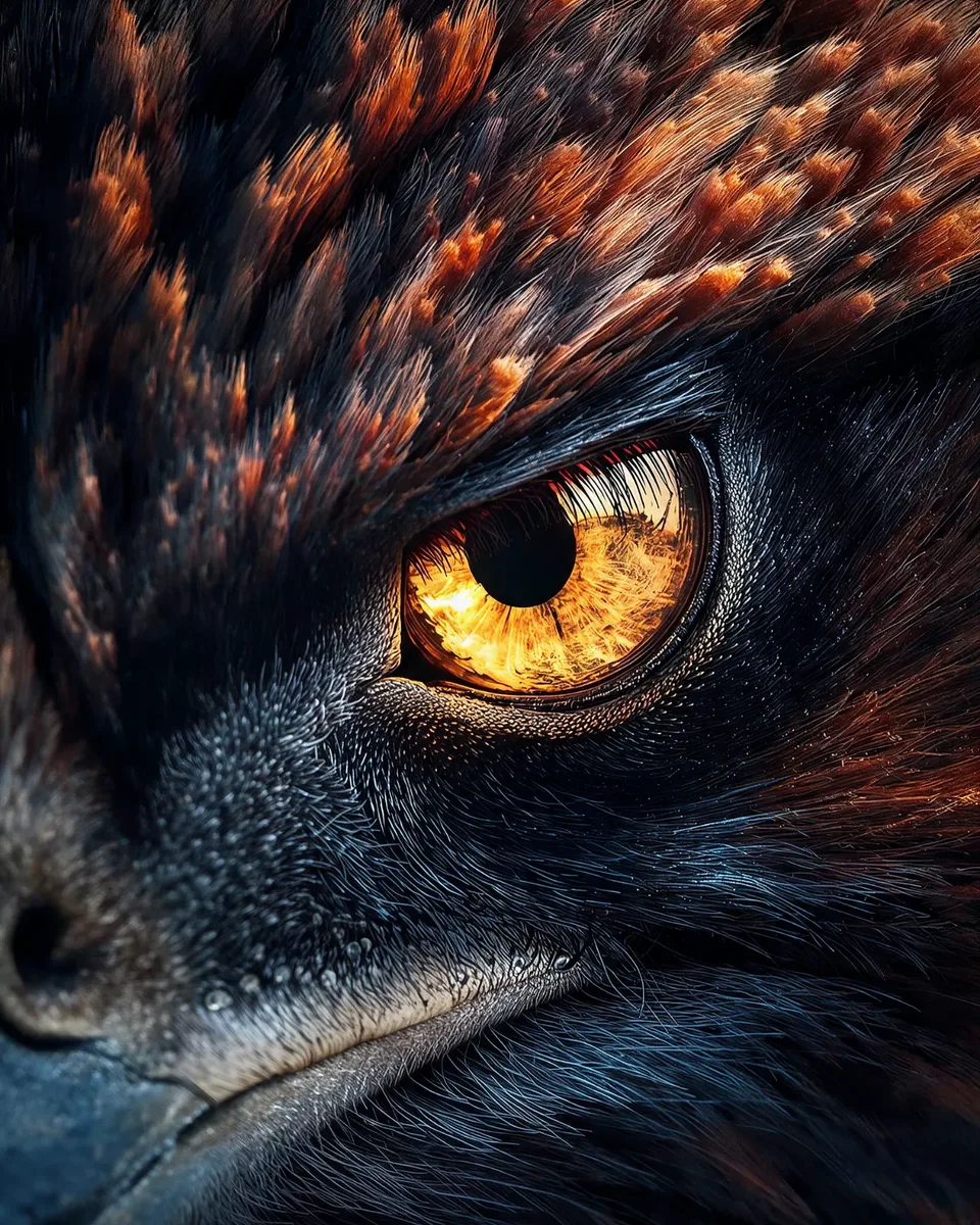 Close-up of a falcon eye, amber iris framed by dark and rust-coloured feathers